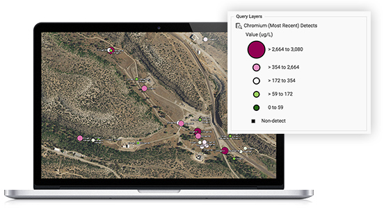 Map query options in Intellus GIS to use graduated symbols to show relative concentrations of analytical parameters