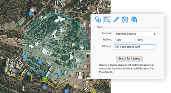 Map query options in Intellus GIS to find locations near a street address