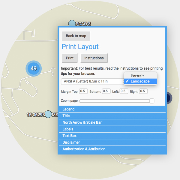 Print options to export or print your Intellus GIS maps in multiple formats and sizes