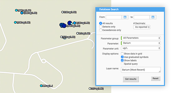 Map database search options in Intellus GIS to use filters for analytical parameters, regulatory limits, or other fields to find data